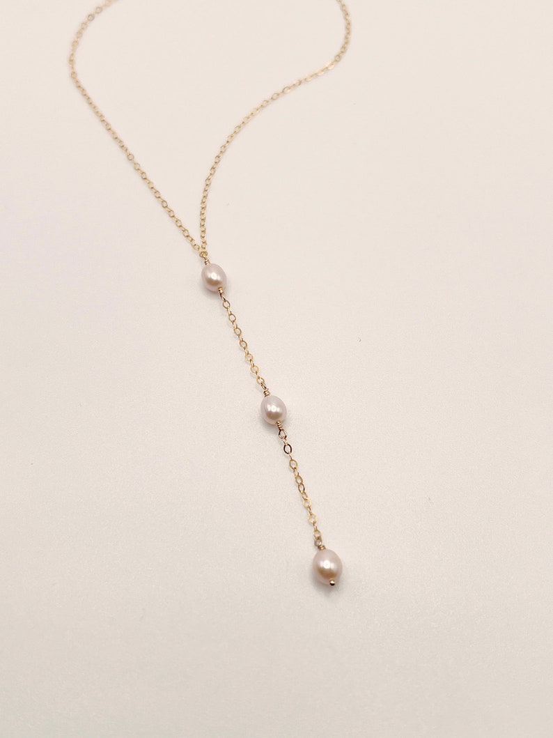 Dainty Lariat Necklace Delicate Y Necklace Gold Pearl Lariat Necklace Sterling Silver Simple Layering Necklace Bridesmaid Necklace Gift image 3