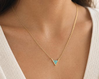 Turquoise Triangle Pendant Necklace, Minimalist Gemstone Layering Jewelry, 14k Gold Filled or Sterling Silver