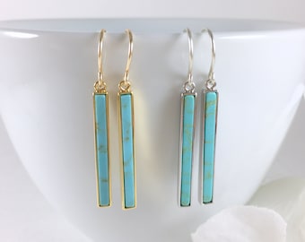 Turquoise Bar Earrings Gold Turquoise Pendant Earrings Vertical Bar Stick Earrings Gemstone Dangle Earrings Turquoise Jewelry Gift for Her