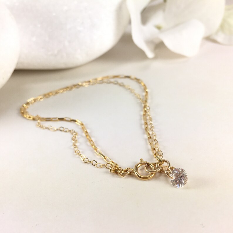 Dainty Chain Bracelet Gold Filled CZ Dangle Bracelet Double Strand Layering Bracelet Delicate Bracelet for Women Gold Chain Bracelet