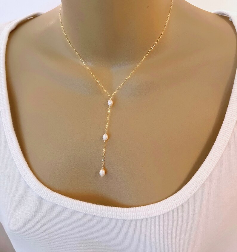 Dainty Lariat Necklace Delicate Y Necklace Gold Pearl Lariat Necklace Sterling Silver Simple Layering Necklace Bridesmaid Necklace Gift image 4