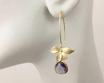 Boucles d'oreilles en améthyste violette Boucles d'oreilles fleur d'or Pendentifs floraux orchidées Février Pierre de naissance Cadeau mariage Boucles d'oreilles de mariée Idée cadeau de demoiselle d'honneur