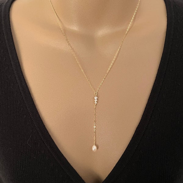 Cubic and Pearl Lariat Necklace, Dainty Freshwater Pearl Drop Necklace, Y Necklace, Gold Tiny Pearl Necklace, Bridesmaid Necklace, Gift Idea