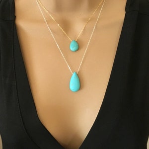 Collar sencillo de turquesa, chapado en oro de 14 quilates o plata de ley, collar con capas de piedras preciosas en forma de lágrima de turquesa, collar de la Bella Durmiente