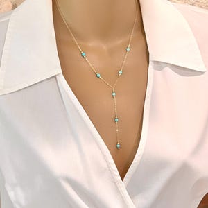 Turquoise Lariat Necklace, Delicate Y Necklace, Gold or Silver Turquoise Satellite Necklace, Simple Layering Necklace, Bridesmaid Necklace