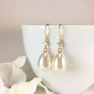 Pearl Earrings Gold Pearl Earrings Simple CZ Pearl Dangle Drop Earrings Minimal Pearl Teardrop Wedding Bridal Earrings Bridesmaid CZ Pearl