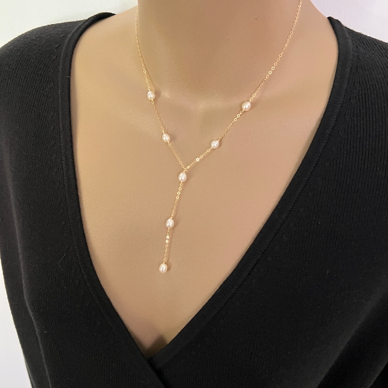 Freshwater Pearl Lariat Necklace Delicate Y Necklace Gold Silver Rose Pearl Satellite Necklace Simple Layering Necklace Bridesmaid Necklace image 7