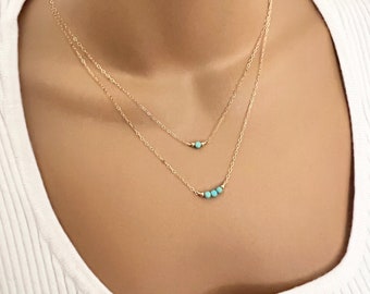 Dainty Turquoise Necklace, Multi Strand Turquoise Layer Necklace, Gemstone Necklace, Turquoise Bead Necklace, 14k Gold Filled or Sterling