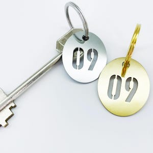 Brass/stainless steel number tag with key chain set, Industrial metal sign plate, Hotel room number with cut out number set, Token with ring