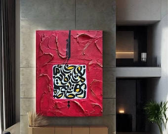 Hand Painted Acrylic Persian Calligraphy - Mixed Media: plaster texture. Modern Wall Art