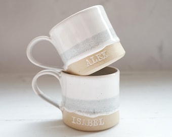 Handmade pottery mug, white mug, wedding gift, personalised mug