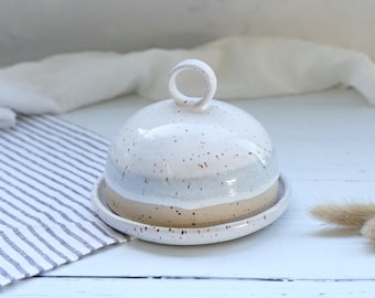 Handmade Ceramic Butter Dish, White and Grey Glaze, Small Size