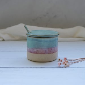 Sucrier en céramique fait main avec couvercle et cuillère, vert turquoise bleu rose
