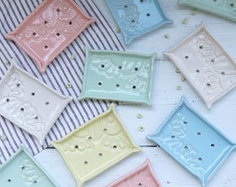 Handmade Ceramic Soap Dish: Lace Print Pottery, soap dishes and dispensers