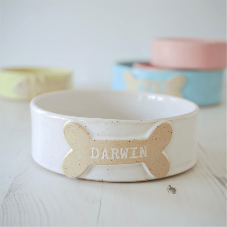K&ouml;nnte beinhalten: Wei&szlig;e Keramik-Hunde- oder Katzennapf mit einem beigefarbenen Knochen-Design und dem Namen "DARWIN" in wei&szlig;en Buchstaben.
