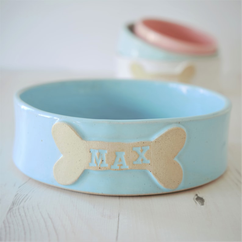 K&ouml;nnte beinhalten: Eine hellblaue Keramik-Sch&uuml;ssel f&uuml;r Haustiere mit einem knochenf&ouml;rmigen Design und dem Namen "MAX" darauf.