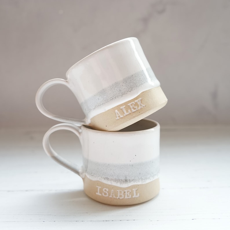 Handmade pottery mug, white mug, wedding gift, personalised mug image 1