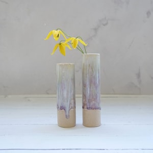 Handmade White Ceramic Posy Vase: Lavender Drip Glaze
