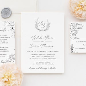 Monogram Wedding Invitation Template, Botanical Wedding Invitation Printable, Fine Art Instant Download Invitation, Edit with TEMPLETT