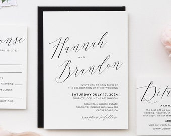 Calligraphy Wedding invitation, Simple Wedding Invitation Suite Template, Editable, Instant download Modern Invite, SANDY Collection,
