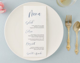 Plantilla de menú de boda en acuarela, plantilla de menú de boda moderna, menú imprimible simple, editable, guión romántico TEMPLETT, colección CALI