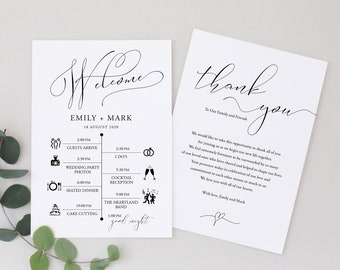 Peut inclure: Une pancarte de bienvenue de mariage noir et blanc avec un calendrier des événements pour le mariage d'Emily et Mark le 18 août 2020. La pancarte comprend des icônes pour l'arrivée des invités, les photos de la fête de mariage, le dîner assis et la coupe du gâteau. Une carte de remerciement à la famille et aux amis est également présentée.