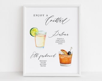 Elegant Wedding Bar Sign Template Signature Wedding Drink Sign Printable Wedding Bar Menu Watercolor Cocktails Sign Reception Drinks Poster