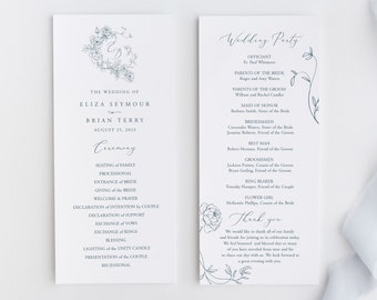 Peut inclure: Un programme de cérémonie de mariage avec un motif floral et les noms Eliza Seymour et Brian Terry. Le programme liste l'ordre des événements de la cérémonie et comprend une page séparée avec la fête de mariage.