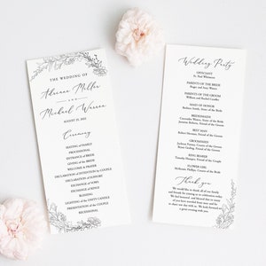 May include: A wedding ceremony programme with a floral design and the names Adriana Miller and Michael Warren. The programme lists the order of events for the ceremony and includes a separate page with the wedding party.