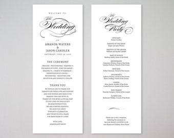 Peut inclure: Un programme de mariage noir et blanc avec les noms Amanda Waters et Jason Candler. Le programme comprend les détails de la cérémonie de mariage, la fête de mariage et les informations sur la réception. Le texte indique "Bienvenue au mariage d'Amanda Waters et Jason Candler, samedi 18 juin 2019".