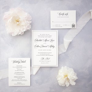 Script font classic invitation with QR code rsvp and details card