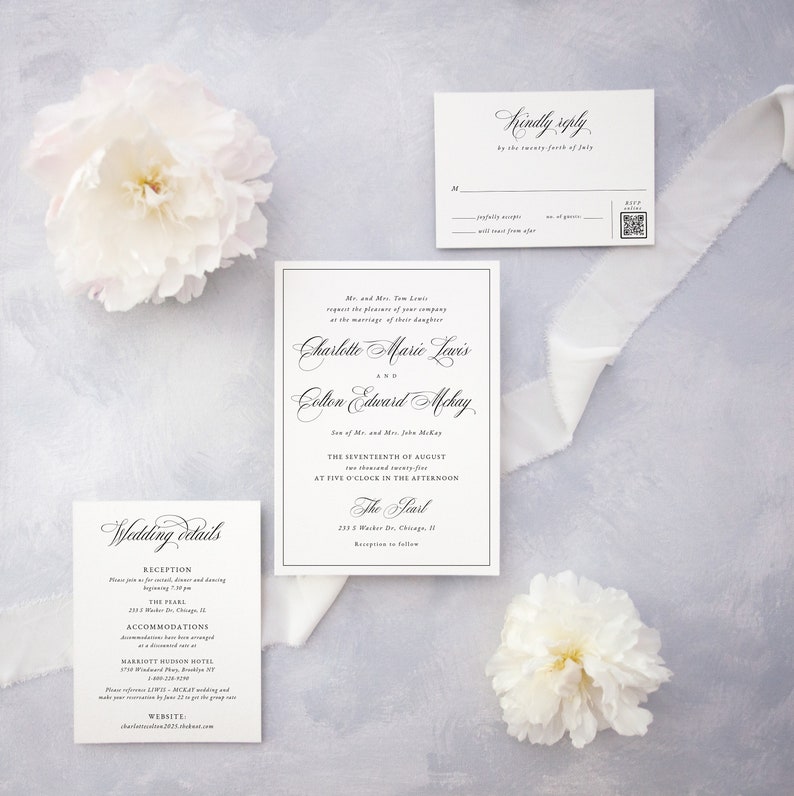 Script font classic invitation with QR code rsvp and details card