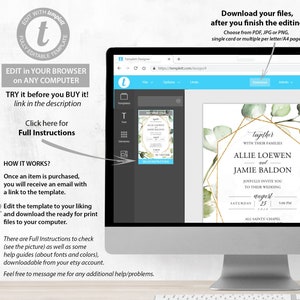 Peut inclure: Un mod&egrave;le num&eacute;rique d'invitation de mariage avec un cadre g&eacute;om&eacute;trique dor&eacute; et des feuilles d'eucalyptus vertes. Le texte indique "Ensemble avec leurs familles Allie Loewen et Jamie Baldon vous invitent joyeusement &agrave; leur mariage le 25 ao&ucirc;t 2020 Samedi 17h00 Chapelle de tous les saints".