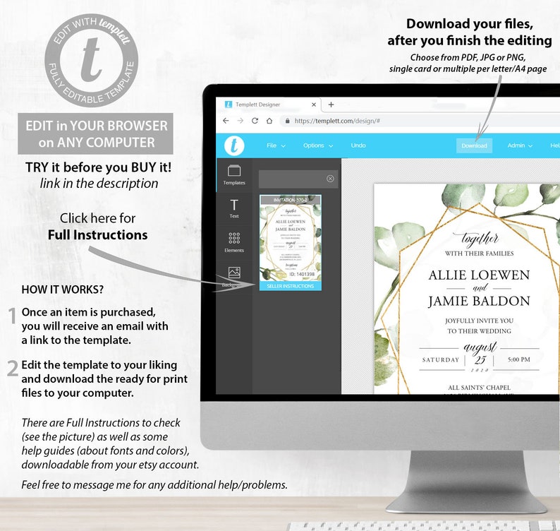 Peut inclure: Un mod&egrave;le num&eacute;rique d'invitation de mariage avec un cadre g&eacute;om&eacute;trique dor&eacute; et des feuilles d'eucalyptus vertes. Le texte indique "Ensemble avec leurs familles Allie Loewen et Jamie Baldon vous invitent joyeusement &agrave; leur mariage le 25 ao&ucirc;t 2020 Samedi 17h00 Chapelle de tous les saints".