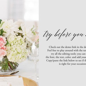 Peut inclure: Un centre de table floral avec des fleurs blanches et roses dans un vase en verre transparent sur une nappe blanche avec une assiette de service dor&eacute;e. Le texte "try before you buy!" est &eacute;crit en cursive sur un fond gris. Le texte sous le texte en cursive se lit comme suit : "Check out the demo link in the description! Feel free to play around with the template and try all the editing tools: you can change the font, the text, color, and add your own images Copy/paste the link below to see if this template is right for your occasion!"