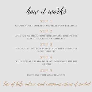 Peut inclure: Un graphique de texte dor&eacute; sur fond blanc explique comment utiliser un mod&egrave;le num&eacute;rique. Le texte indique "how it works" et &eacute;num&egrave;re cinq &eacute;tapes&nbsp;: choisissez vos mod&egrave;les et effectuez votre achat, recherchez un e-mail de Templett et suivez le lien pour acc&eacute;der &agrave; votre mod&egrave;le, concevez, modifiez et enregistrez directement sur votre ordinateur &agrave; l&rsquo;aide de Templett, lorsque vous &ecirc;tes pr&ecirc;t &agrave; imprimer, t&eacute;l&eacute;chargez le PDF ou le JPEG, et imprimez et d&eacute;coupez votre mod&egrave;le. Le texte indique &eacute;galement "lots of help, advice and communication if needed".