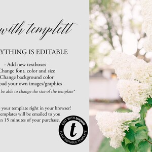 Peut inclure: Un fond blanc avec du texte qui dit "edit with templett" et "EVERYTHING IS EDITABLE". Le texte &eacute;num&egrave;re des fonctionnalit&eacute;s telles que l'ajout de zones de texte, la modification de la police, de la couleur et de la taille, la modification de la couleur d'arri&egrave;re-plan et le t&eacute;l&eacute;chargement d'images. Le texte indique &eacute;galement que le mod&egrave;le est enti&egrave;rement modifiable. Le texte "EDIT WITH templett" est dans un cercle noir avec un "t" blanc au centre.