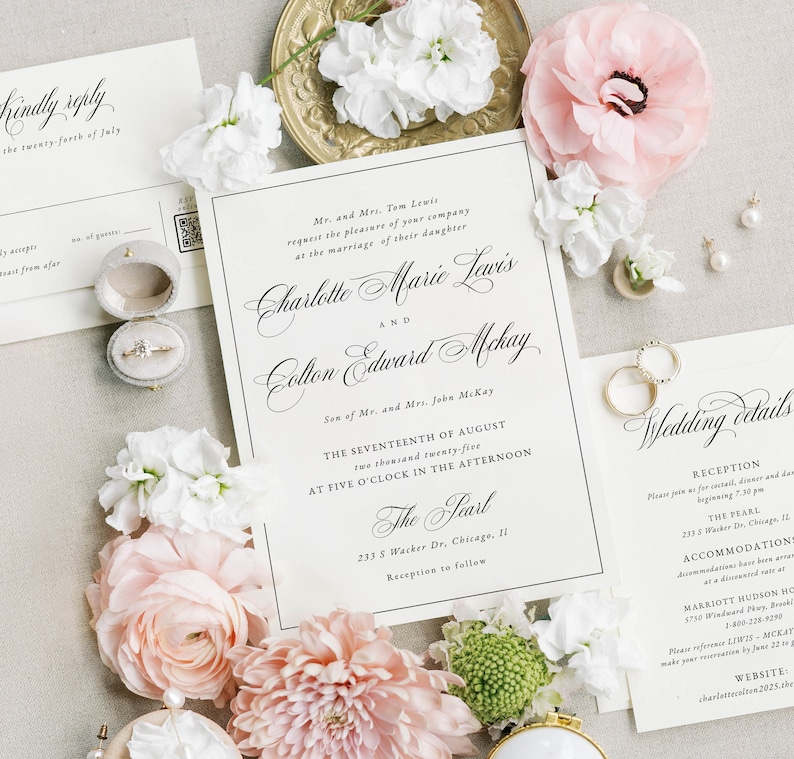Luxury wedding invitation template with many possibilities, script text invitation in simple design; rsvp and details card in different sizes, qr code generated in Templett, image upload  and color change to all elements