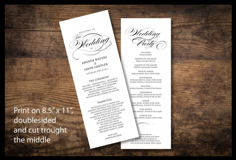 Peut inclure: Un programme de mariage noir et blanc avec le texte "Bienvenue au mariage d'Amanda Waters & Jason Candler" et les d&eacute;tails de la f&ecirc;te de mariage. Imprimer sur 21,6 cm x 28 cm, recto verso et couper au milieu.