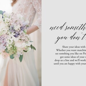 Peut inclure: Une mari&eacute;e tient un bouquet de fleurs blanches, violettes et roses. Le texte "need something you don't see?" est &eacute;crit en cursive. Le texte ci-dessous explique que le vendeur peut cr&eacute;er des designs personnalis&eacute;s en fonction des id&eacute;es du client.