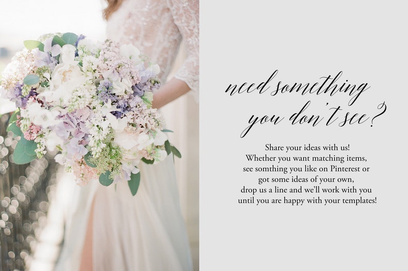 Peut inclure: Une mari&eacute;e tient un bouquet de fleurs blanches, violettes et roses. Le texte "need something you don't see?" est &eacute;crit en cursive. Le texte ci-dessous explique que le vendeur peut cr&eacute;er des designs personnalis&eacute;s en fonction des id&eacute;es du client.