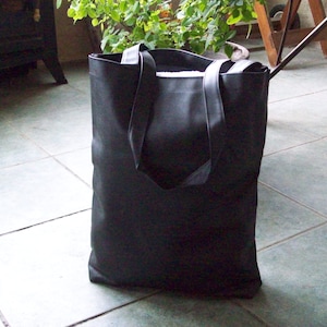 NOS Faux Leather Black Leatherette Shopping Bag Tote Bag Craft Storage Gusseted Bottom 15&quot; x 13&quot; x 2&quot;