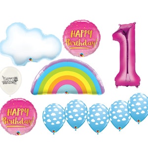 Your Choice of Pink Number 1-9 Rainbow and Clouds Birthday Party Balloons Bouquet Bundle