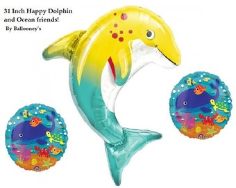 31 " Happy Dolphin and Ocean Friends 18 Inch Mylar Balloon Set is perfect for your child's birthday or any Ocean themed event.