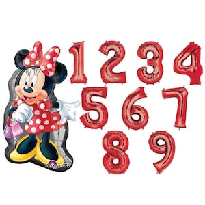 Minnie Mouse Birthday Balloons large Foil Mylar Polka Dots Party Supplies 2 pc set with Red Number 1-9 Option