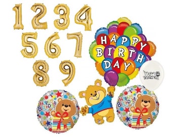 Bear Happy Birthday Party Balloons With Gold Number 1-9 Option