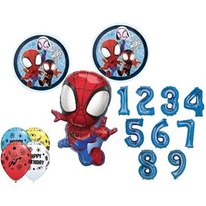 Spidey & His Amazing Friends Birthday Balloons Bouquet with Blue Number 1-9 Option