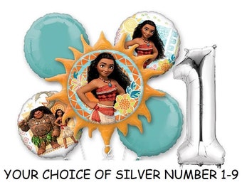 Moana Birthday Balloon Bouquet Bundle With Your Choice Of Silver Number (1-9)