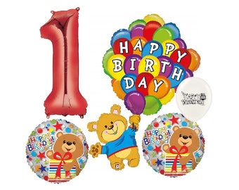 Bear Happy Birthday Party Balloons With Red Number 1-9 Option