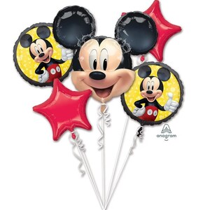 May include: A balloon bouquet featuring a large Mickey Mouse head-shaped balloon, two round balloons with Mickey Mouse graphics on yellow backgrounds, and two red star-shaped balloons. Each balloon is attached to a white ribbon string.